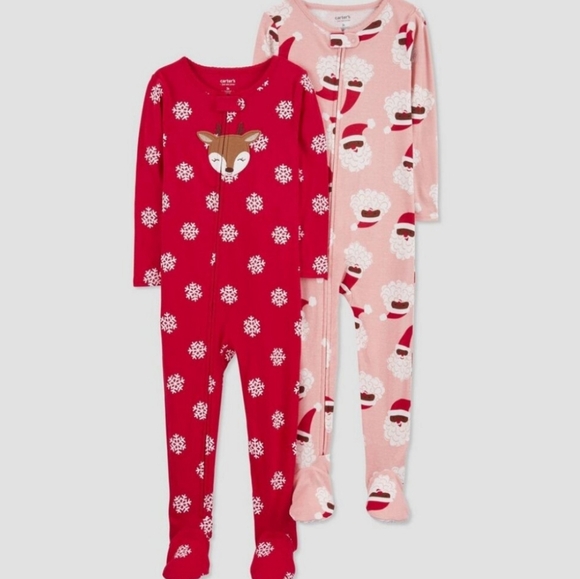 New! Carter's Toddler Girls' Snowflake Reindeer / Santa Footed Pajama Set - Picture 1 of 6